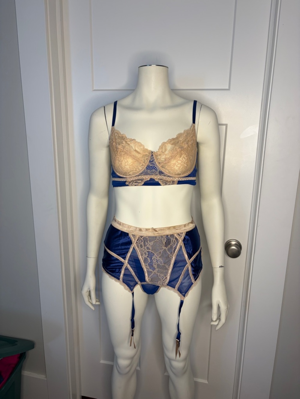 Navy Satin & Nude Lace Bra and Garter Set